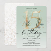Waterverf Greenery Gold 15th Birthday Party Invit Kaart (Voorkant / Achterkant)