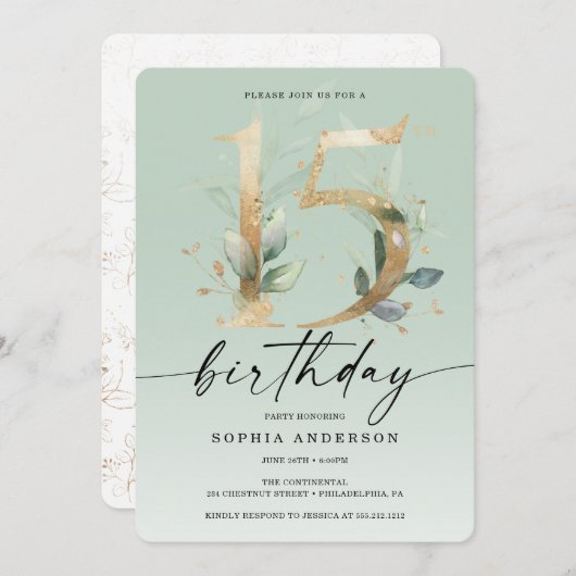 Waterverf Greenery Gold 15th Birthday Party Invit Kaart (Voorkant / Achterkant)