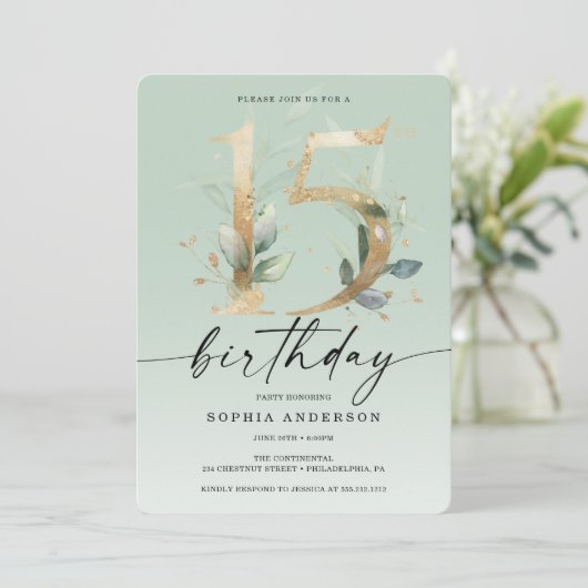 Waterverf Greenery Gold 15th Birthday Party Invit Kaart (Staand voorkant)