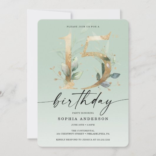Waterverf Greenery Gold 15th Birthday Party Invit Kaart (Voorkant)