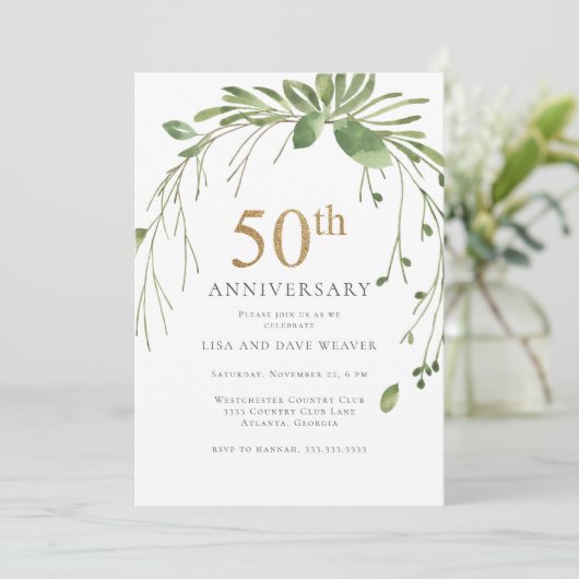 Waterverf Greenery Gold 50e Jubileum Kaart (Staand voorkant)