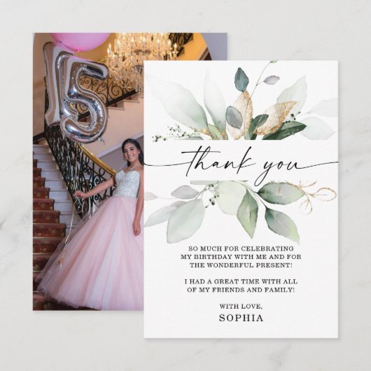 Waterverf Greenery Gold Birthday Hartelijk dank Kaart (Voorkant / Achterkant)