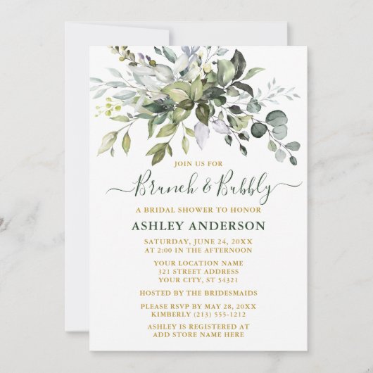 Waterverf Greenery Gold Bridal Brunch Bubble Kaart (Voorkant)