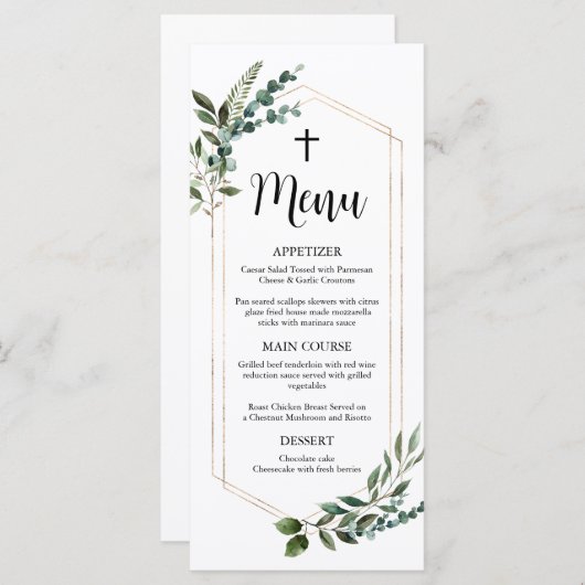Waterverf Greenery Gold Cross Baptism Menu (Voorkant / Achterkant)