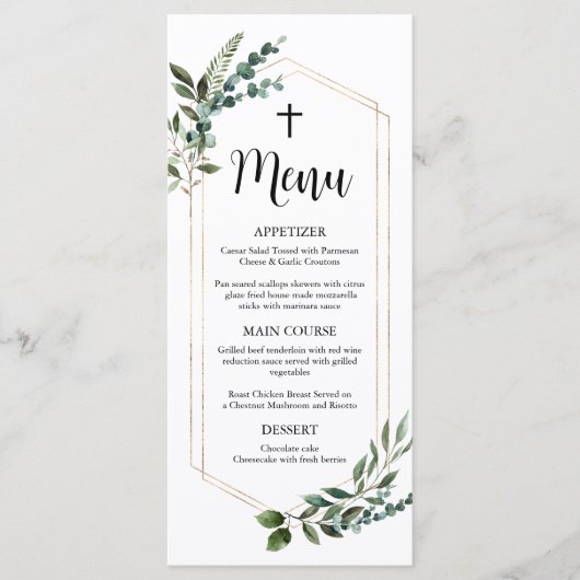 Waterverf Greenery Gold Cross Baptism Menu (Voorkant)