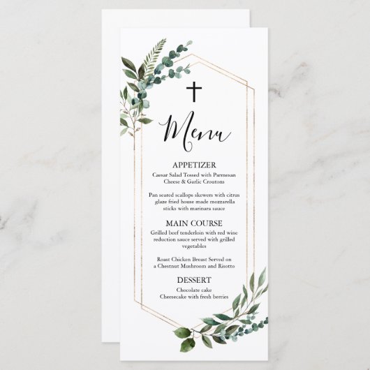 Waterverf Greenery Gold Cross Baptism Menu (Voorkant / Achterkant)