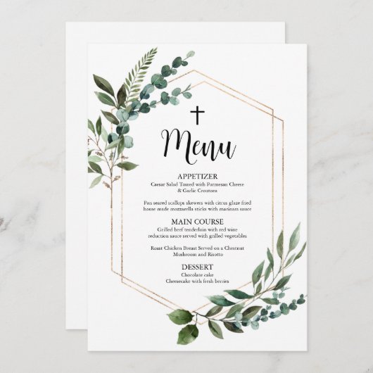 Waterverf Greenery Gold Cross-Baptism menukaarten Kaart (Voorkant / Achterkant)