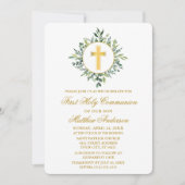 Waterverf Greenery Gold Cross Eerste Communie Kaart (Voorkant)