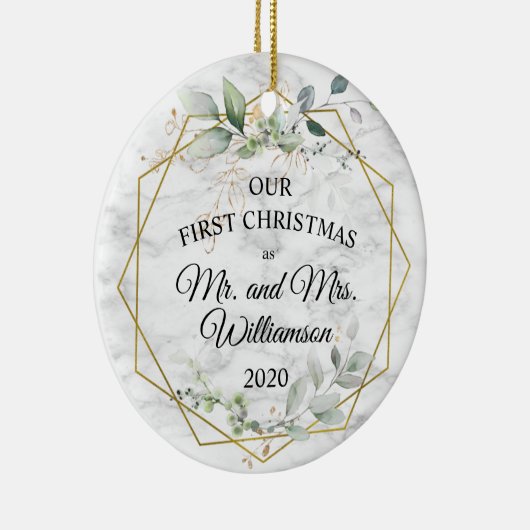 Waterverf Greenery Gold Eerste Kersthuwelijk Keramisch Ornament (Rechts)