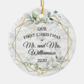 Waterverf Greenery Gold Eerste Kersthuwelijk Keramisch Ornament (Voorkant)