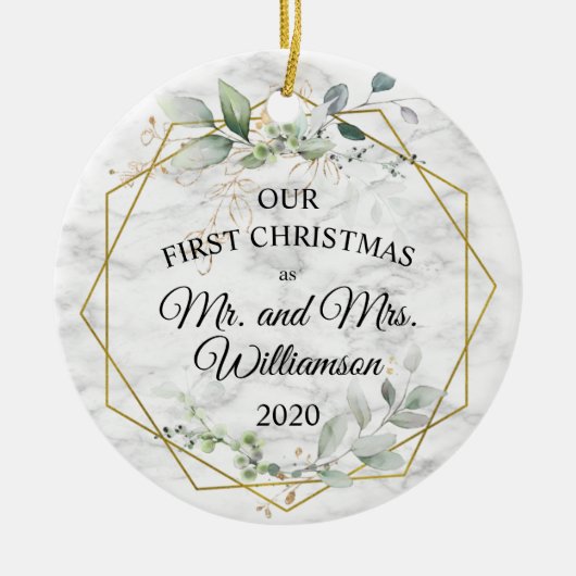 Waterverf Greenery Gold Eerste Kersthuwelijk Keramisch Ornament (Voorkant)