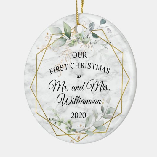 Waterverf Greenery Gold Eerste Kersthuwelijk Keramisch Ornament (Links)