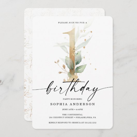 Waterverf Greenery Gold First Birthday 1st Invita Kaart (Voorkant / Achterkant)