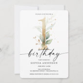 Waterverf Greenery Gold First Birthday 1st Invita Kaart (Voorkant)