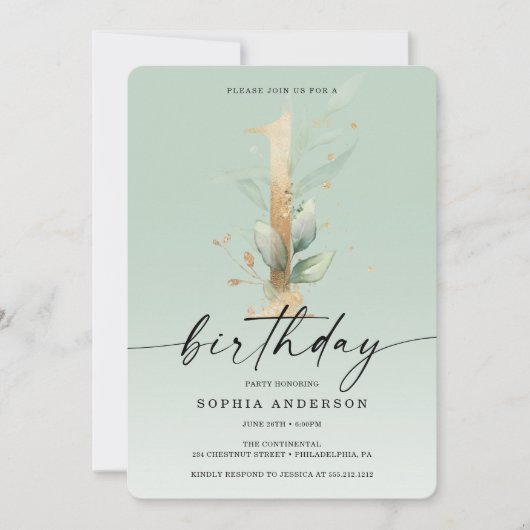 Waterverf Greenery Gold First Birthday 1st Kaart (Voorkant)