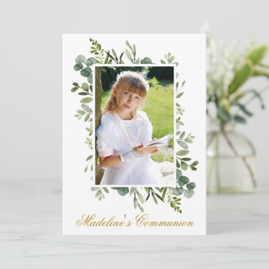 Waterverf Greenery Gold First Communifoto Kaart (Staand voorkant)