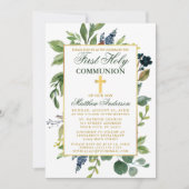 Waterverf Greenery Gold First Heilige Communie Kaart (Voorkant)