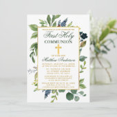Waterverf Greenery Gold First Heilige Communie Kaart (Staand voorkant)