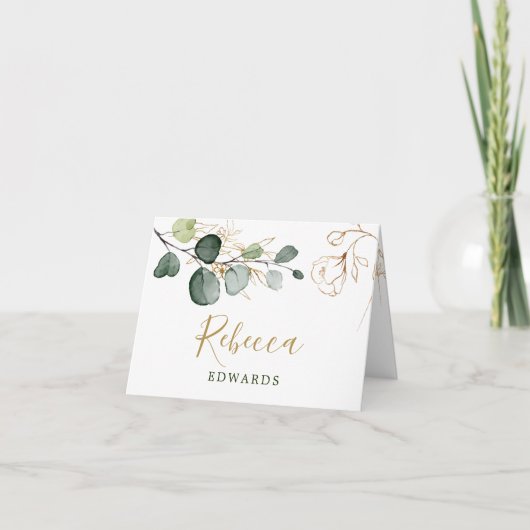 Waterverf Greenery, Gold Floral Place card Kaart (Voorkant)