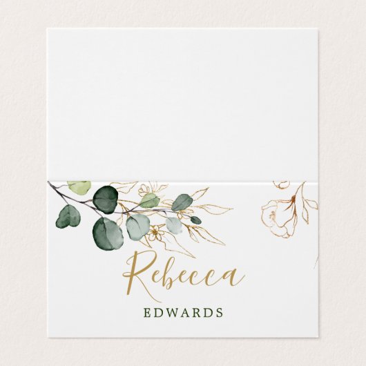 Waterverf Greenery, Gold Floral Place card Visitekaartje (Buitenkant ongevouwen)