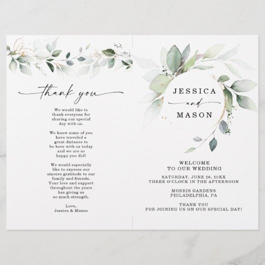 Waterverf Greenery Gold Folded Wedding Program Flyer (Voorkant)