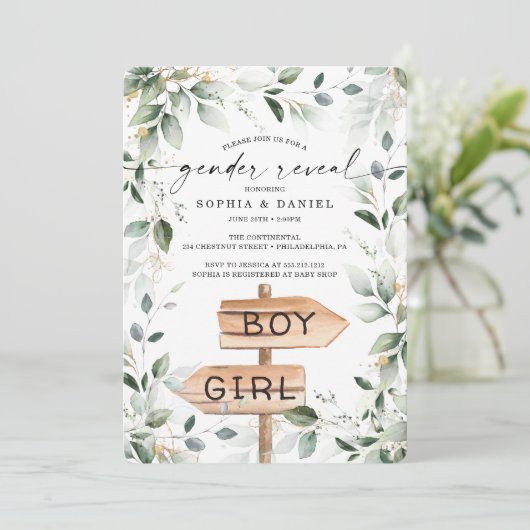 Waterverf Greenery Gold Gender onthulling Baby sho Kaart (Staand voorkant)