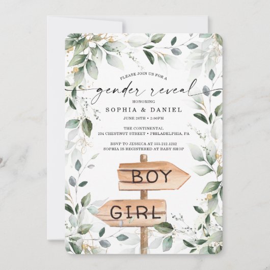 Waterverf Greenery Gold Gender onthulling Baby sho Kaart (Voorkant)