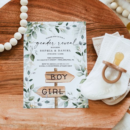 Waterverf Greenery Gold Gender onthulling Baby sho Kaart