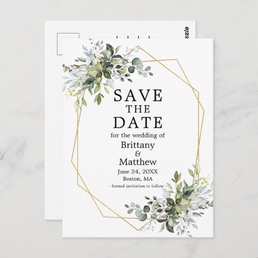 Waterverf Greenery Gold Geo Lijst Bewaar de datum Briefkaart (Voorkant / Achterkant)