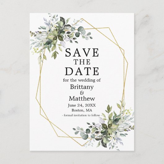 Waterverf Greenery Gold Geo Lijst Bewaar de datum Briefkaart (Voorkant)