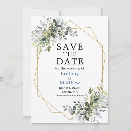 Waterverf Greenery Gold Geo Lijst Dusty Blue Save The Date (Voorkant)