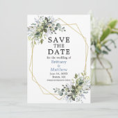 Waterverf Greenery Gold Geo Lijst Dusty Blue Save The Date (Staand voorkant)