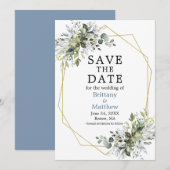 Waterverf Greenery Gold Geo Lijst Dusty Blue Save The Date (Voorkant / Achterkant)