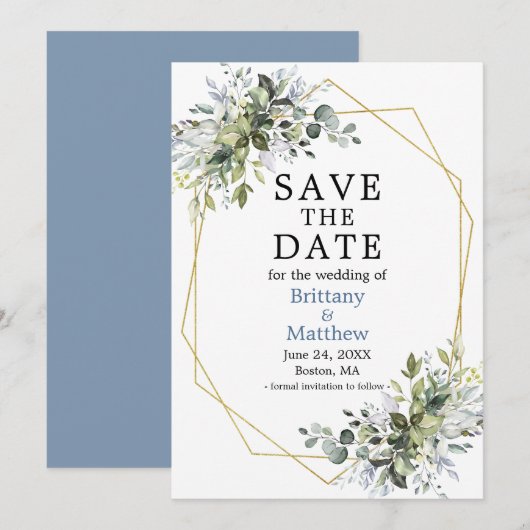 Waterverf Greenery Gold Geo Lijst Dusty Blue Save The Date (Voorkant / Achterkant)