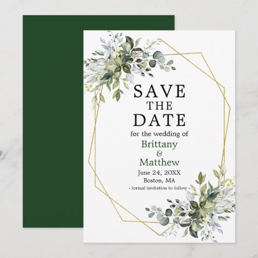 Waterverf Greenery Gold Geo Lijst Green Save The Date (Voorkant / Achterkant)