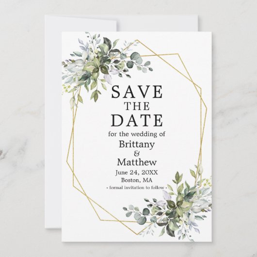 Waterverf Greenery Gold Geometric Lijst Save The Date (Voorkant)