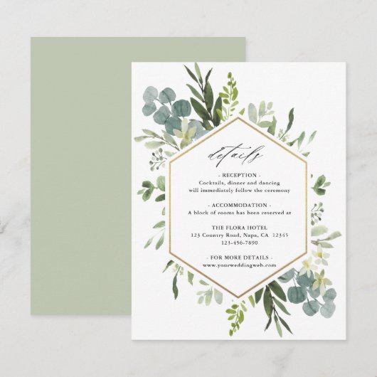 Waterverf Greenery Gold Hexagon Wedding Details Informatiekaartje (Voorkant / Achterkant)