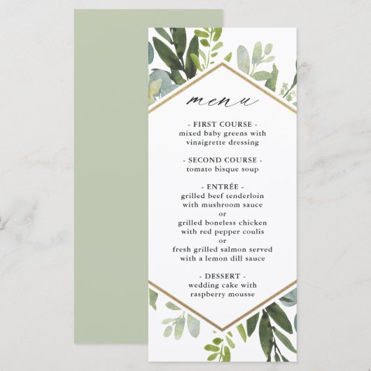 Waterverf Greenery Gold Hexagon Wedding Menu (Voorkant / Achterkant)