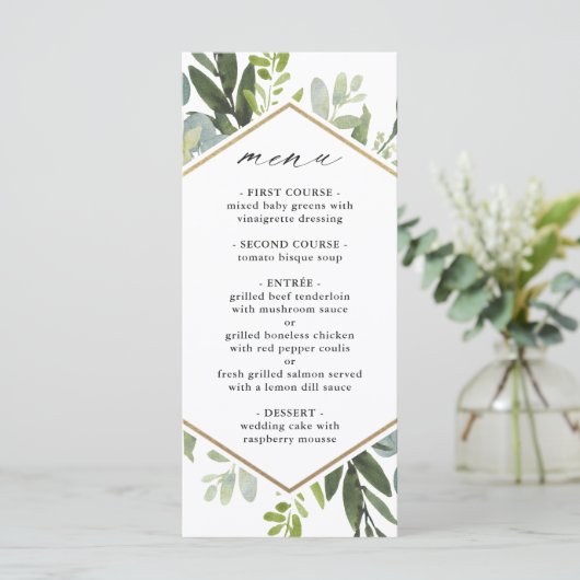 Waterverf Greenery Gold Hexagon Wedding Menu (Staand voorkant)