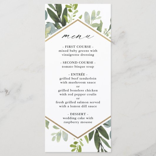 Waterverf Greenery Gold Hexagon Wedding Menu (Voorkant)
