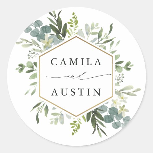 Waterverf Greenery Gold Hexagon Wedding Ronde Sticker (Voorkant)