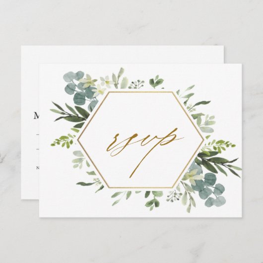 Waterverf Greenery Gold Hexagon Wedding RSVP Briefkaart (Voorkant / Achterkant)