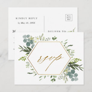 Waterverf Greenery Gold Hexagon Wedding RSVP Briefkaart