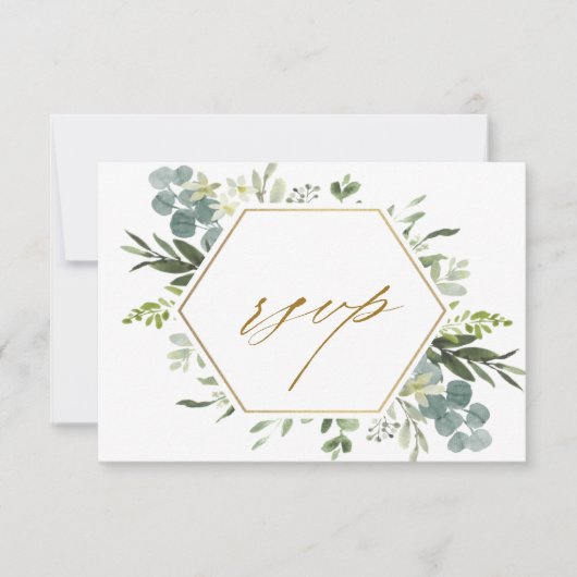 Waterverf Greenery Gold Hexagon Wedding RSVP-kaart RSVP Kaartje (Voorkant)
