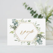 Waterverf Greenery Gold Hexagon Wedding RSVP-kaart RSVP Kaartje (Staand voorkant)