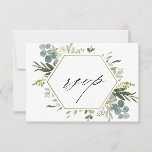 Waterverf Greenery Gold Hexagon Wedding RSVP Kaartje (Voorkant)