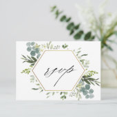 Waterverf Greenery Gold Hexagon Wedding RSVP Kaartje (Staand voorkant)