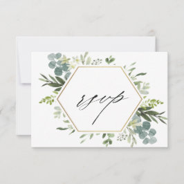 Waterverf Greenery Gold Hexagon Wedding RSVP Kaartje
