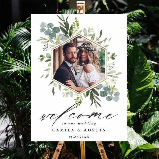 Waterverf Greenery Gold Hexagon Wedding Sign Poster