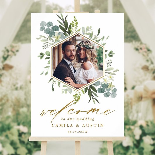 Waterverf Greenery Gold Hexagon Wedding Sign Poster
